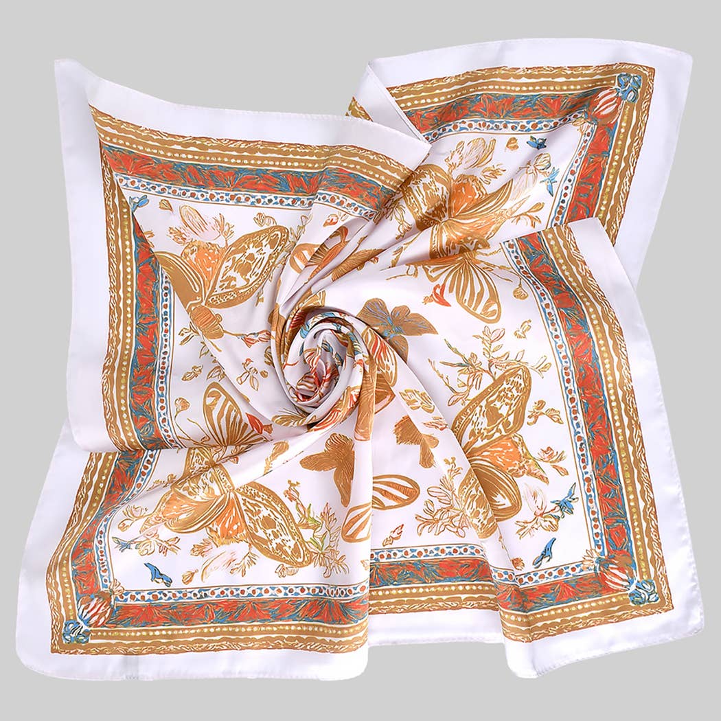 Butterfly Floral Square Scarf: Beige