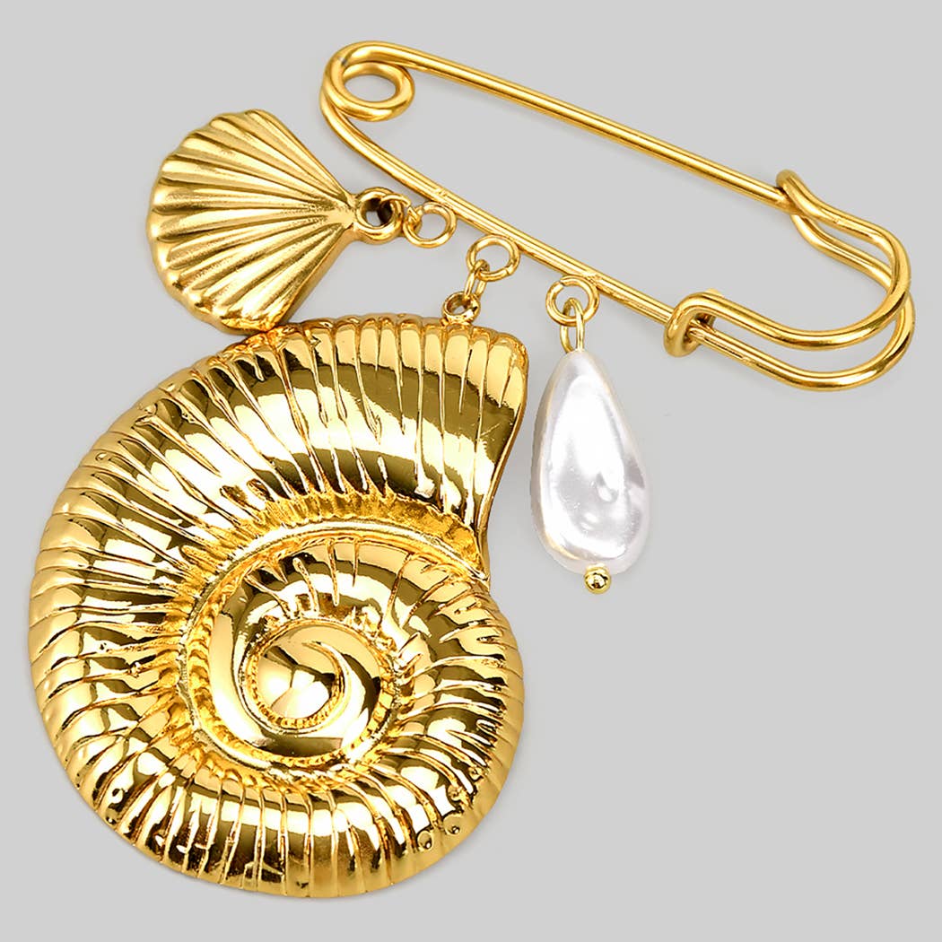 Stainless Steel Brooch Pin Shell and Pearl Charms: Gold