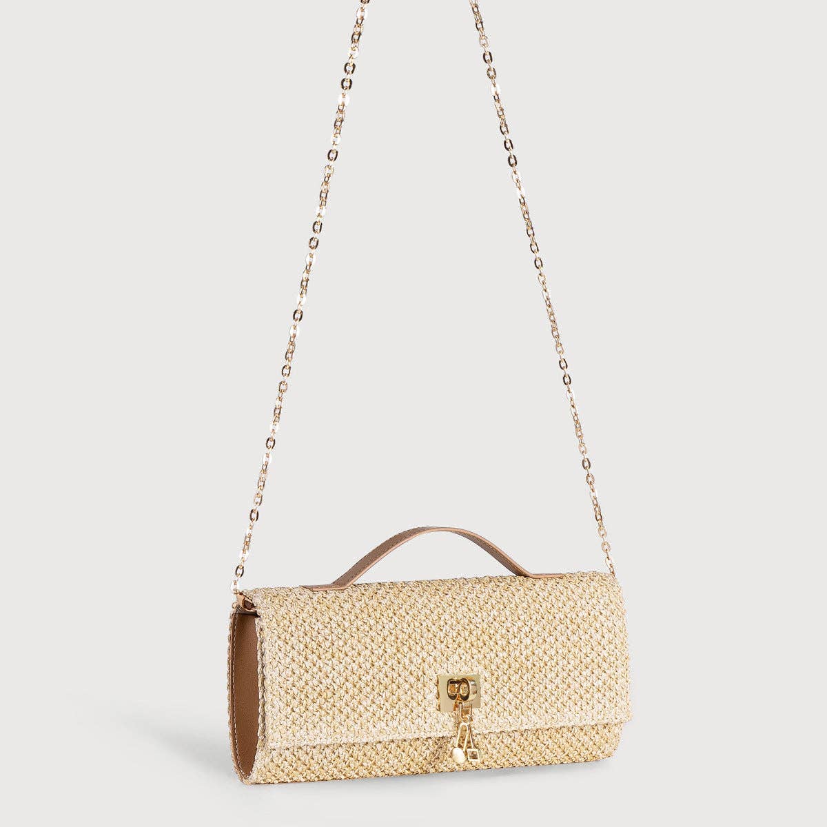 Women's Straw Bag Metal Chain Crossbody Bag: Khaki