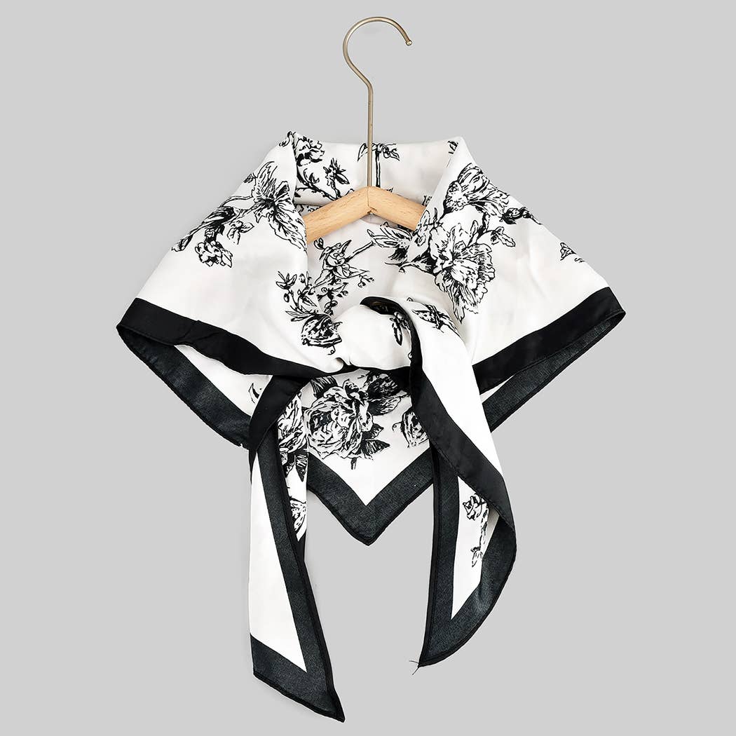 Silky Rose Print Shoulder Neck Handbag Scarf: Black / White