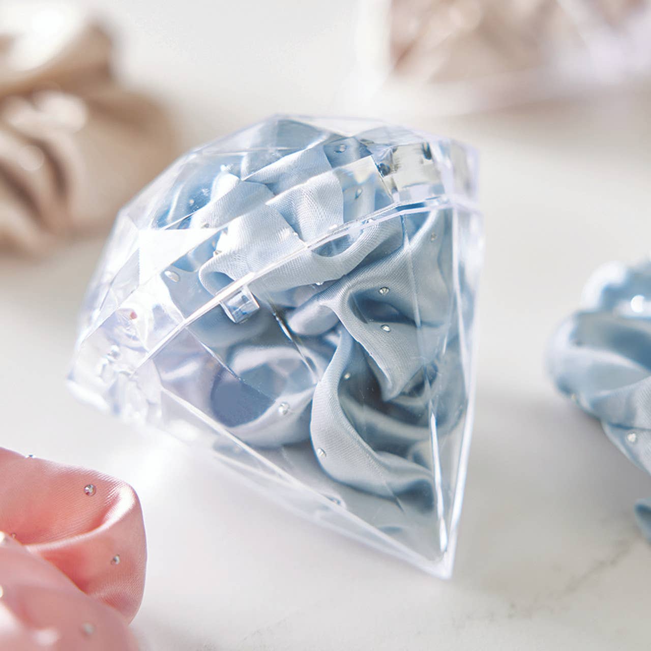 Large Satin Rhinestone Scrunchie in Diamond Ornament - Blue