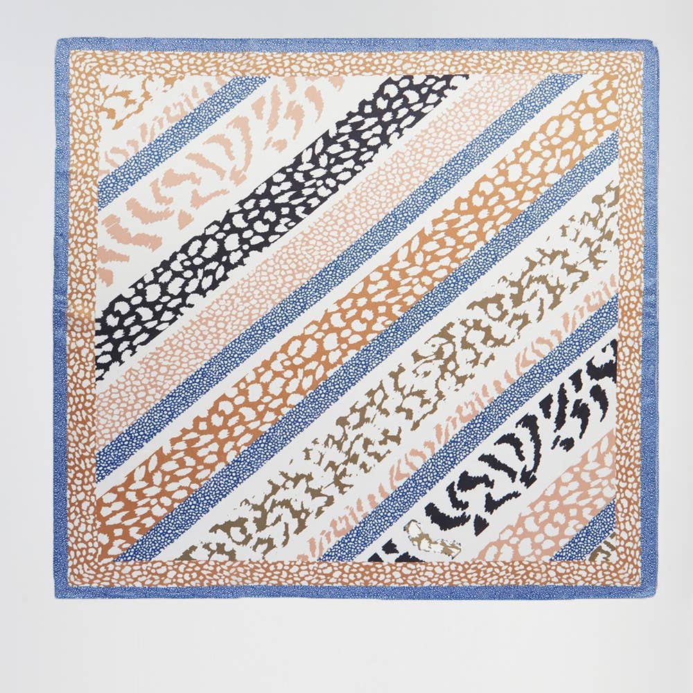 Striped Animal Print Square Bandana Scarf - Tan/Blue