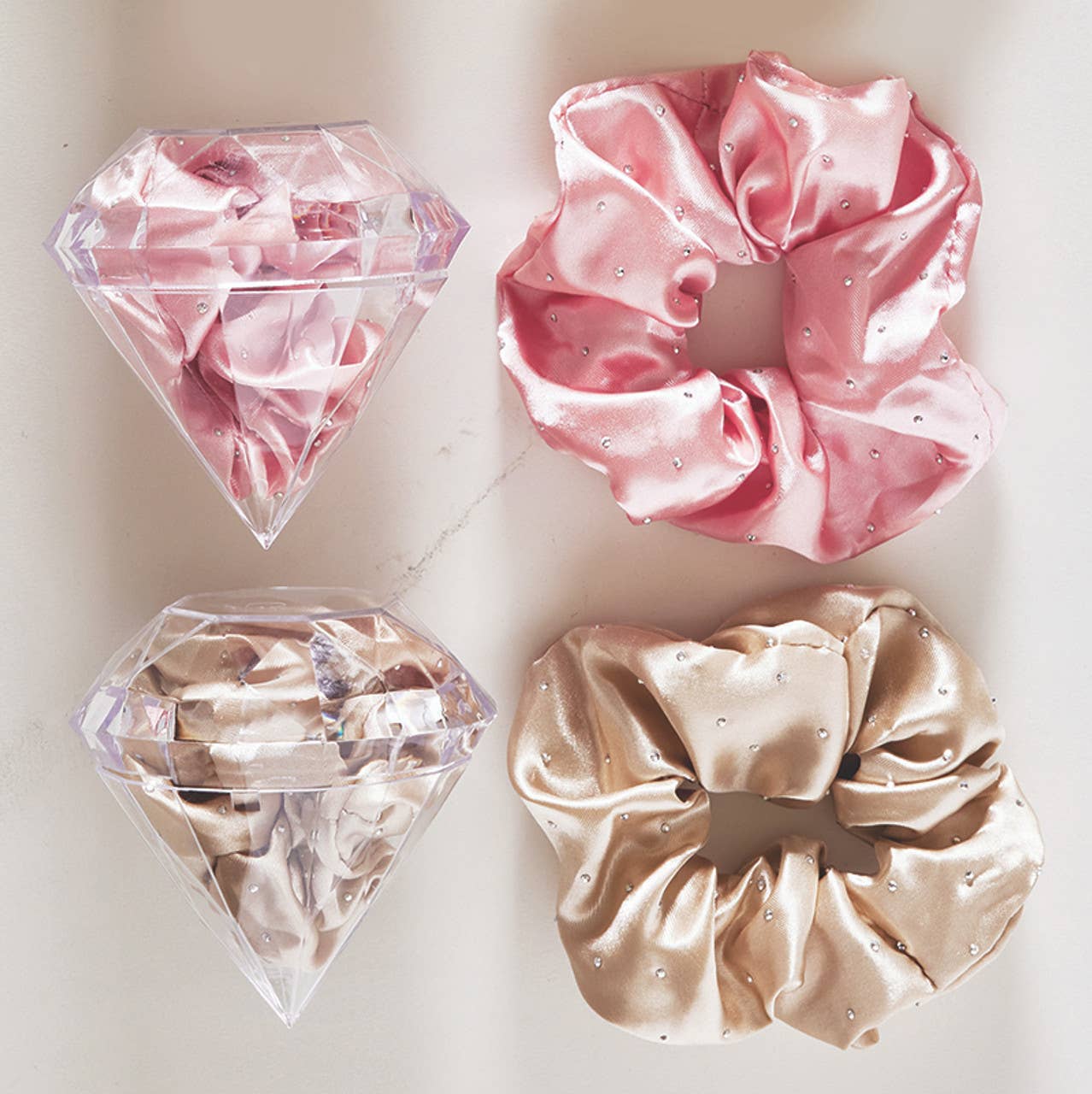 Large Satin Rhinestone Scrunchie in Diamond Ornament - Flax