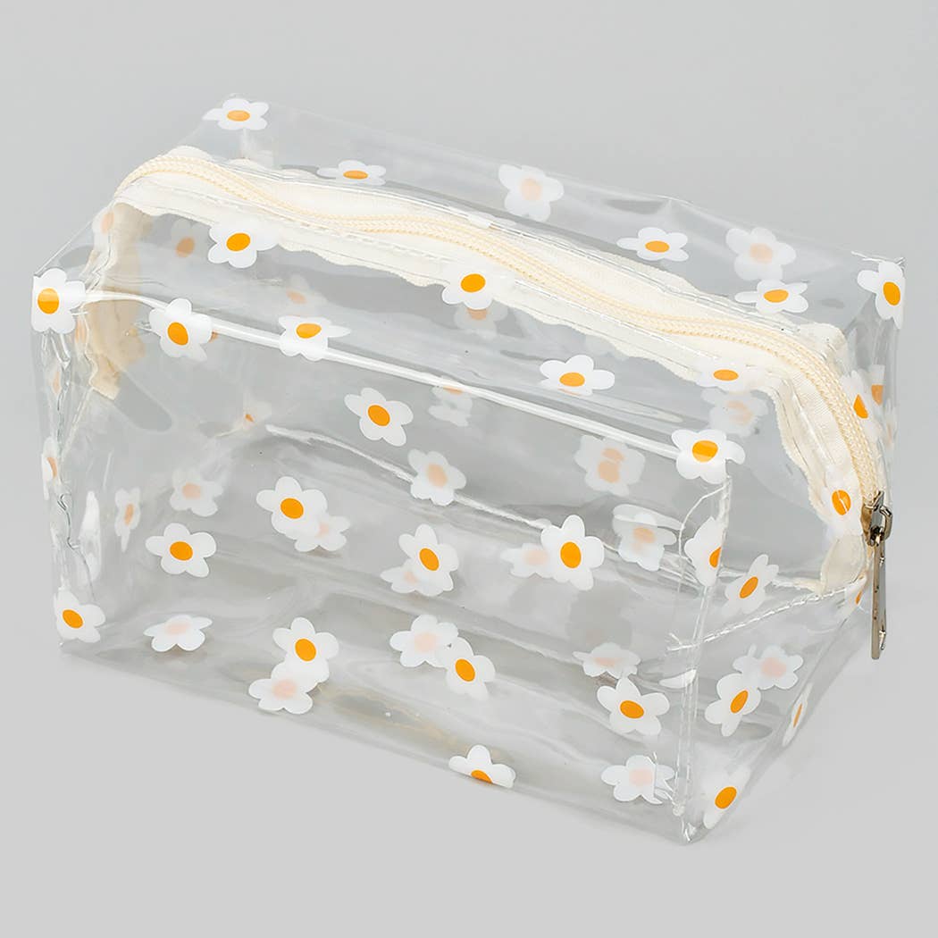 Clear Zip Makeup Essential Pouch with Daisy Print: Clear