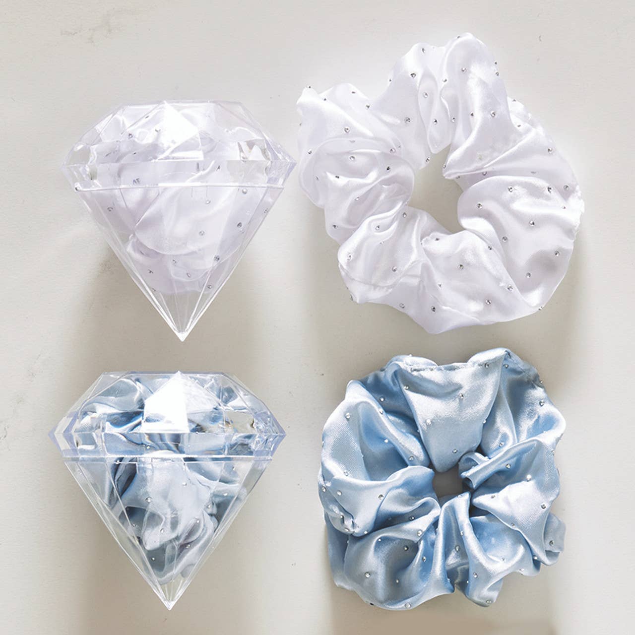 Large Satin Rhinestone Scrunchie in Diamond Ornament - Blue