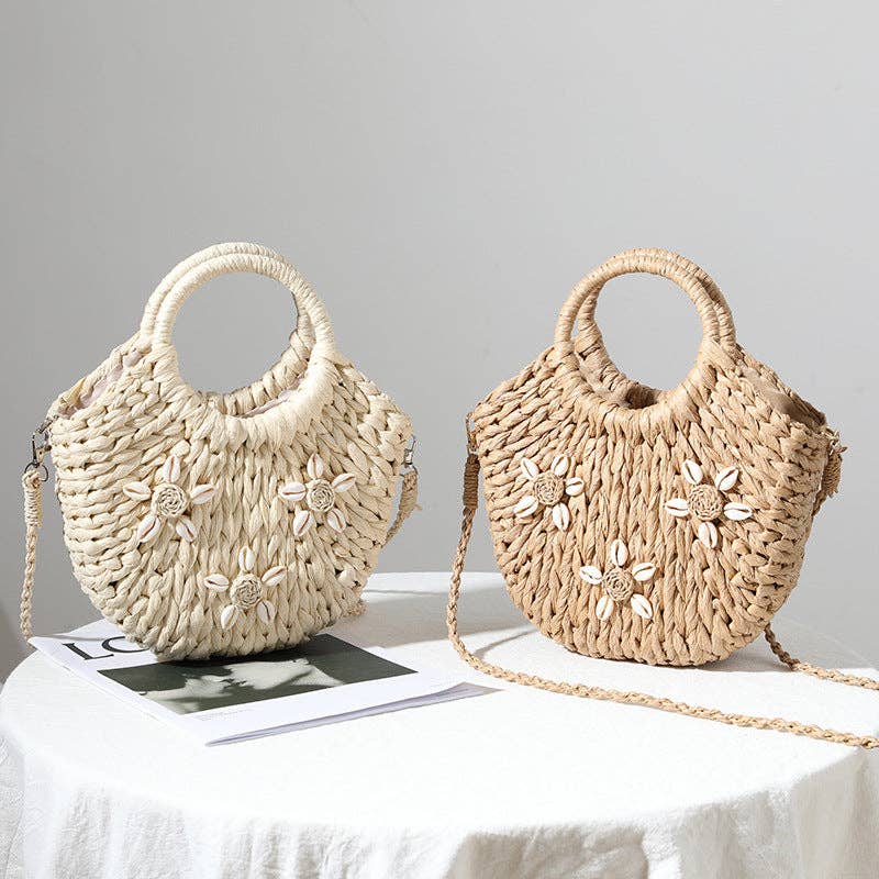 Shell deco straw woven bag summer beach bag: Beige