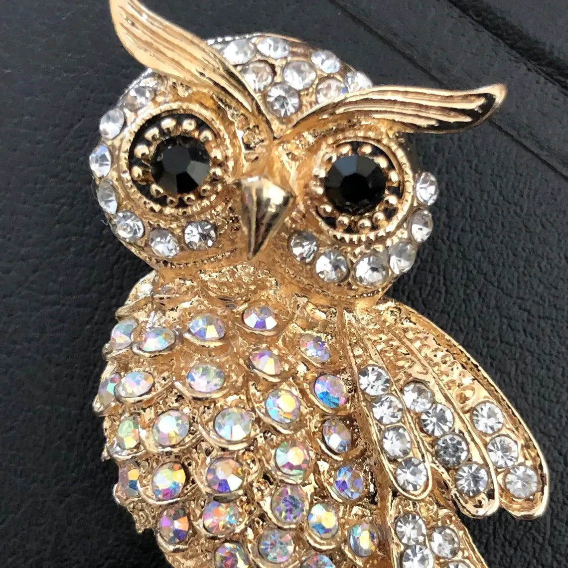 Radiant Vintage Owl Brooch with Rhinestones - 2.7 x 1.5 in