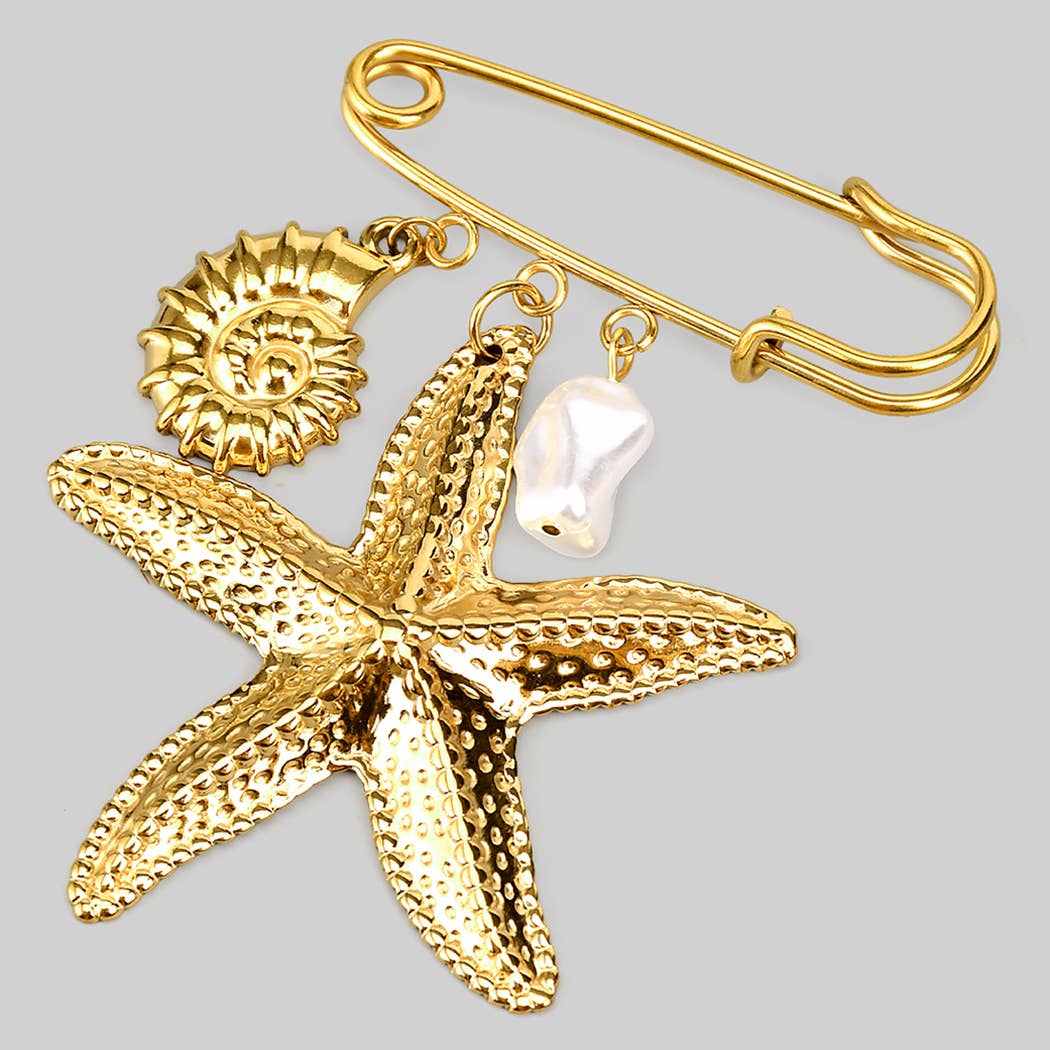 Stainless Steel Brooch Pin Starfish and Pearl Charms: Gold