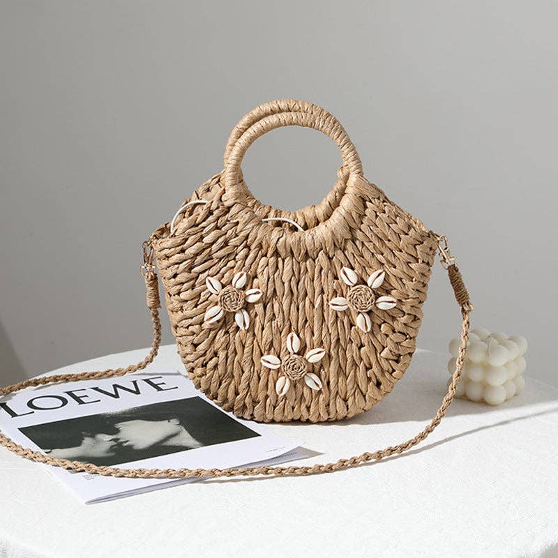 Shell deco straw woven bag summer beach bag: Beige