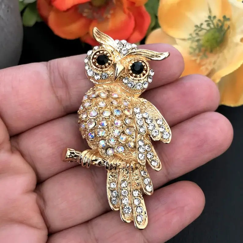 Radiant Vintage Owl Brooch with Rhinestones - 2.7 x 1.5 in