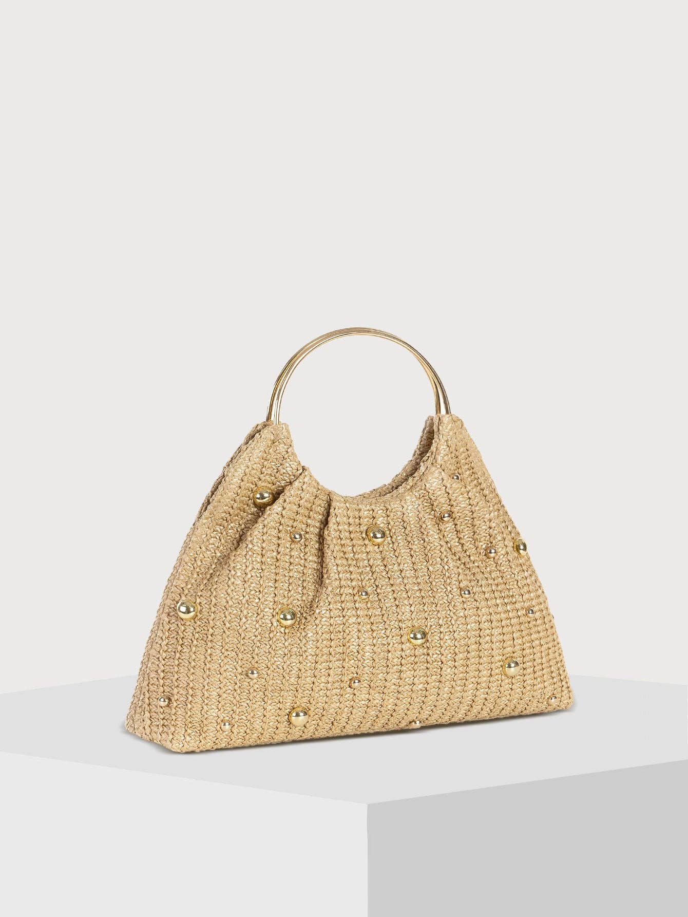 Malta Gold Pearl Straw Clutch Evening Bag: Apricot