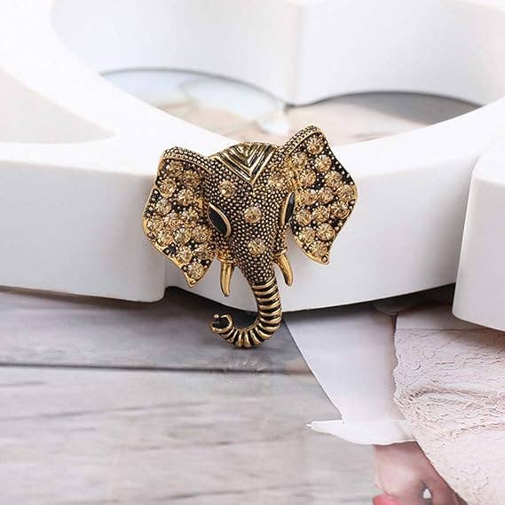 Sparkling Elephant Head Brooch – Crystal Accent Pin: Gold