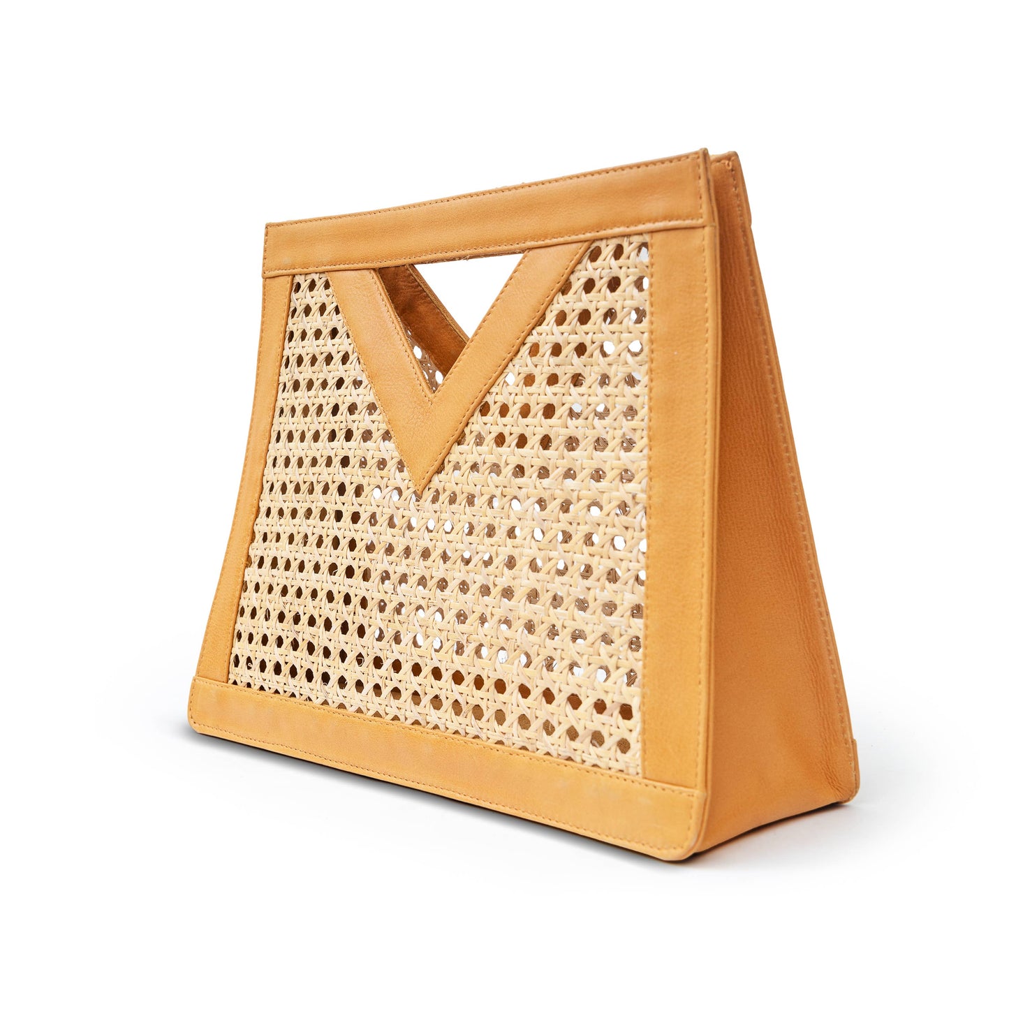 Genuine Leather and Rattan Top Handle Bag: Tan