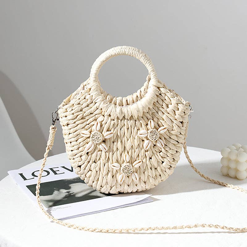 Shell deco straw woven bag summer beach bag: Beige