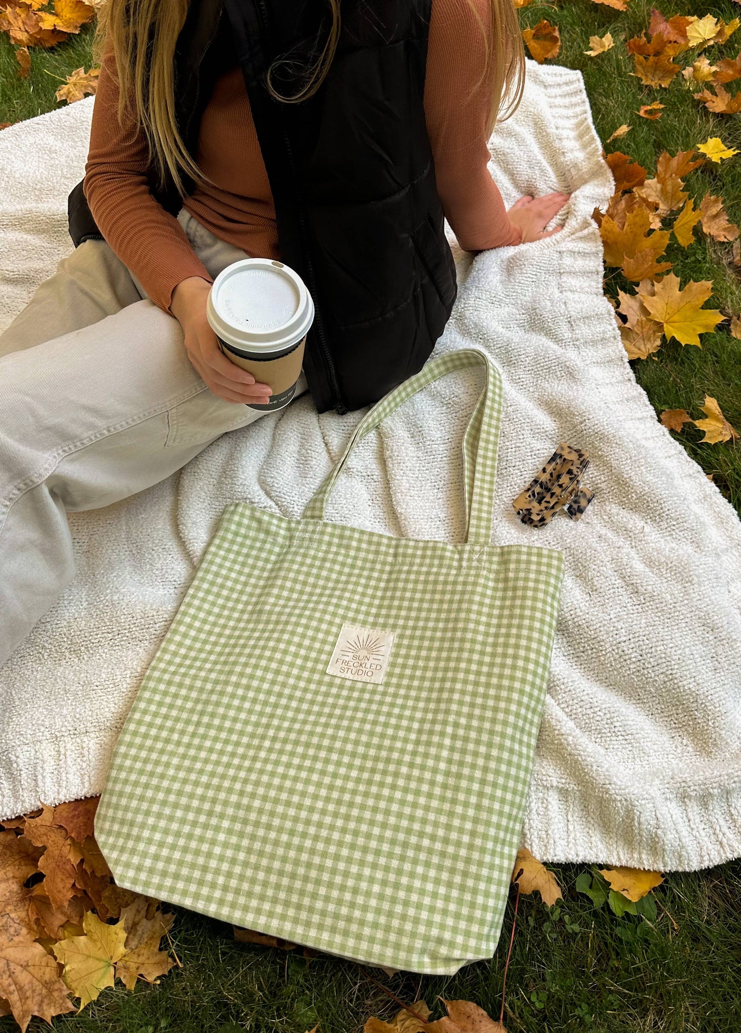 Sage Gingham Tote Bag: Wide