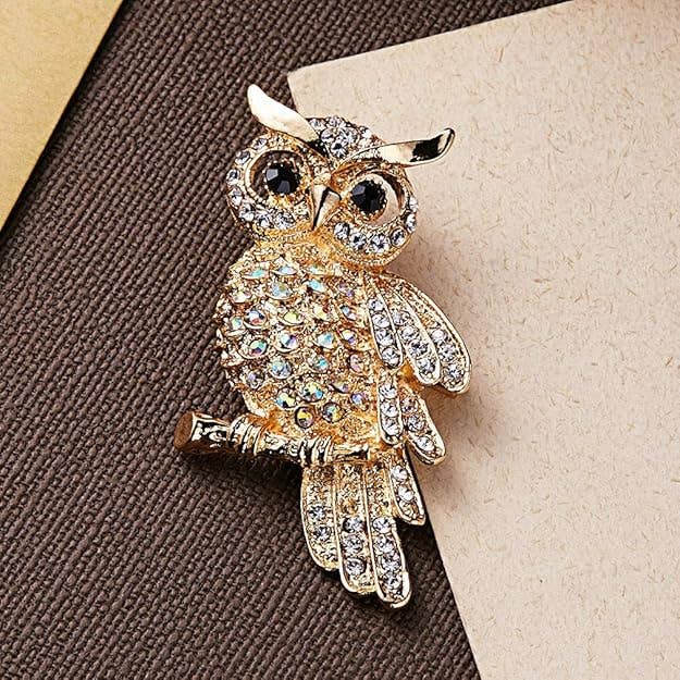 Radiant Vintage Owl Brooch with Rhinestones - 2.7 x 1.5 in