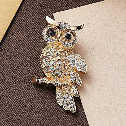 Radiant Vintage Owl Brooch with Rhinestones - 2.7 x 1.5 in