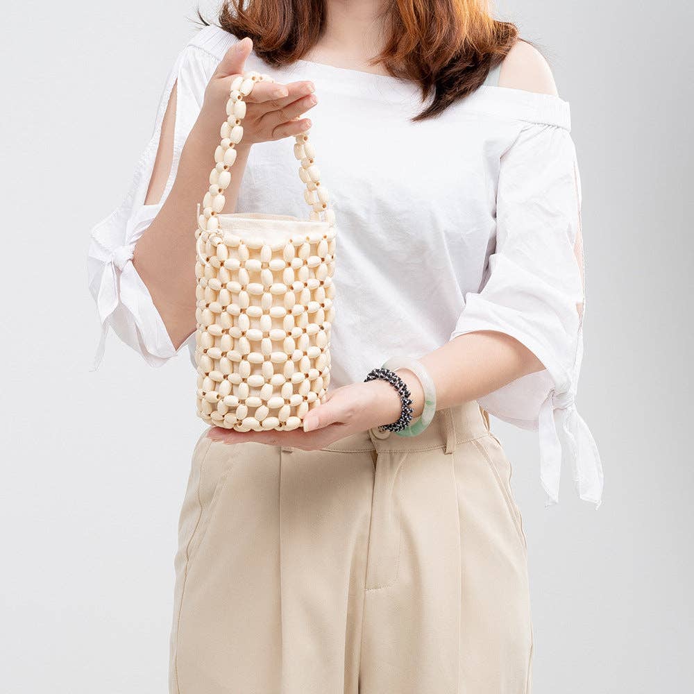 Wooden Bead Bucket Handmade Bags - Beige