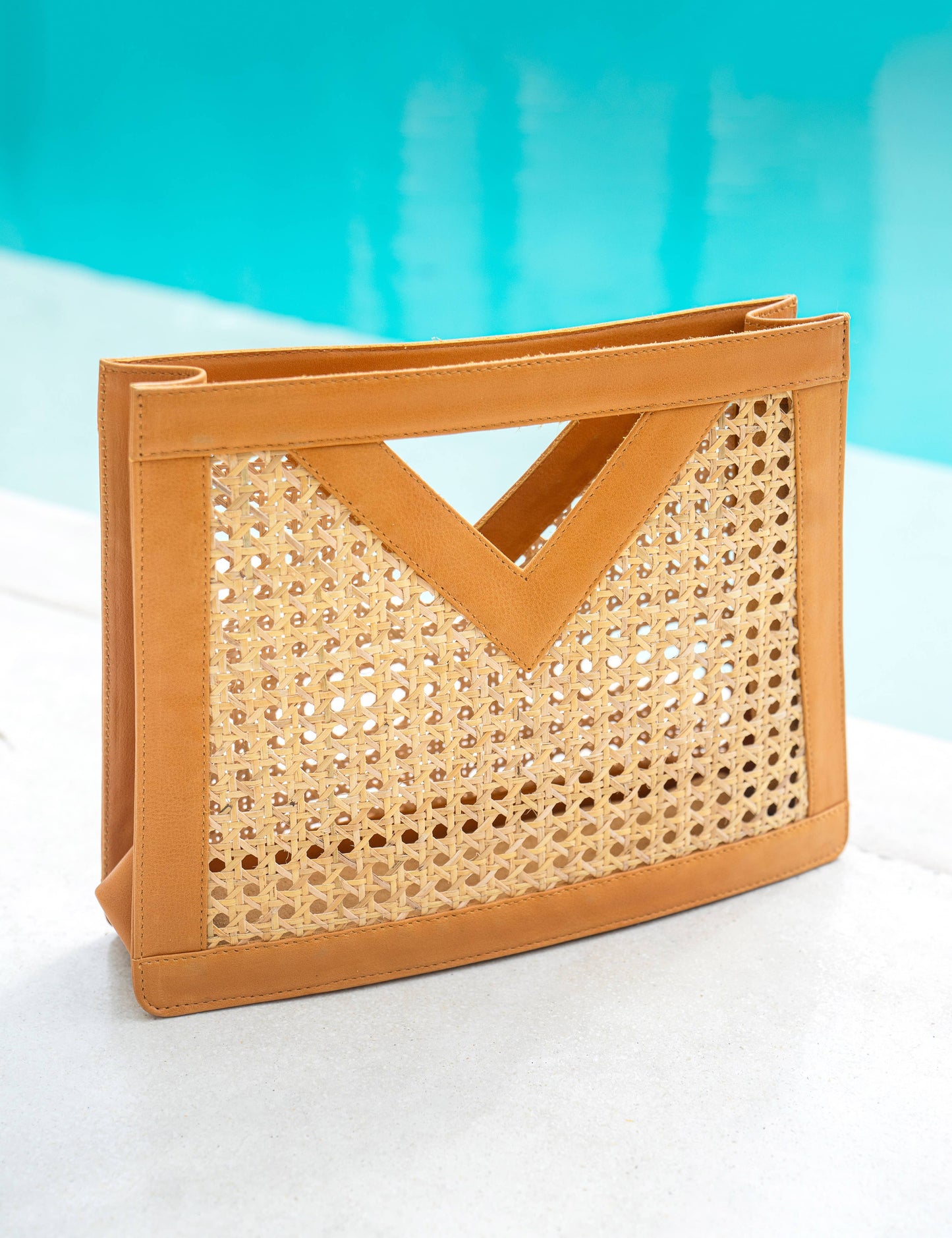 Genuine Leather and Rattan Top Handle Bag: Black