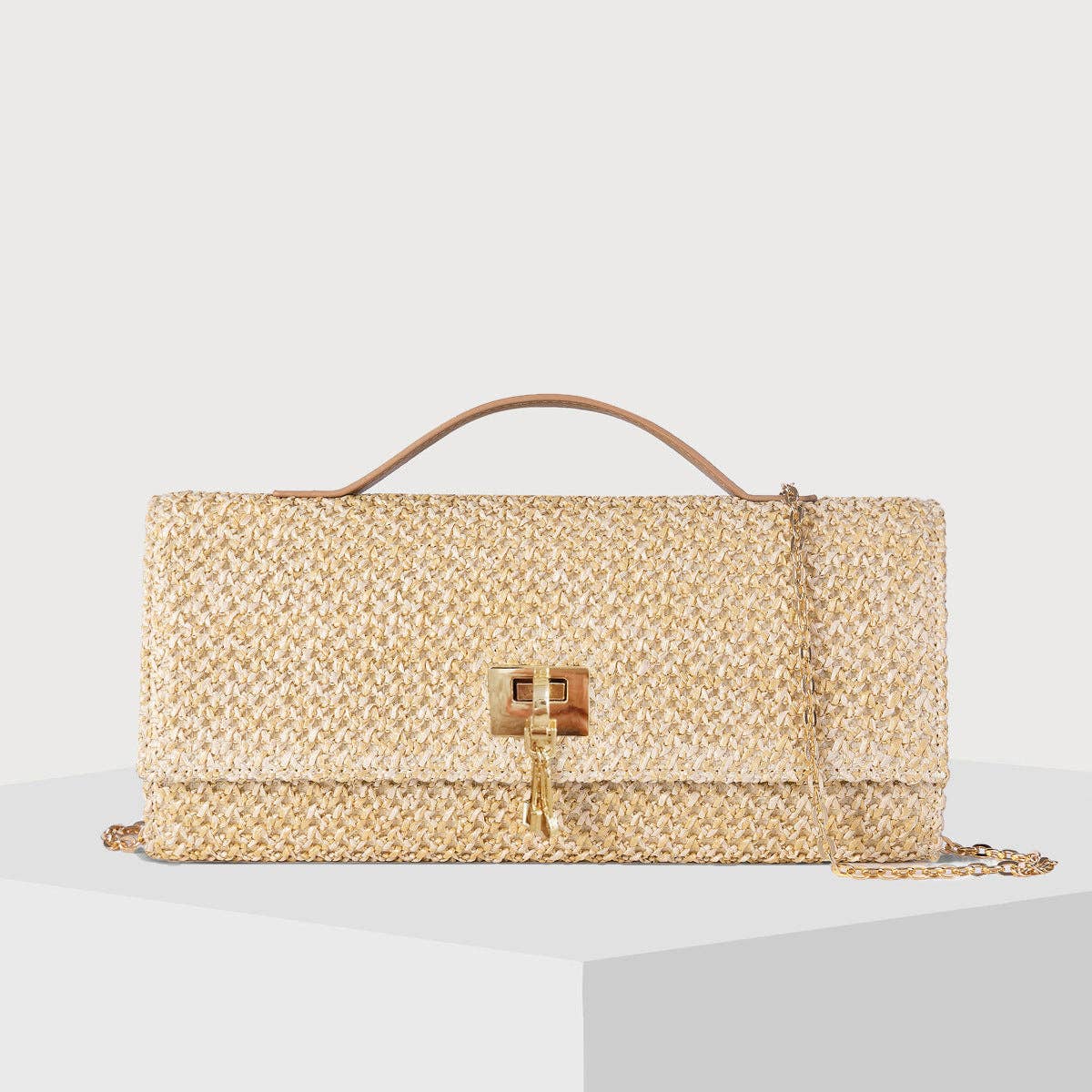 Women's Straw Bag Metal Chain Crossbody Bag: Khaki