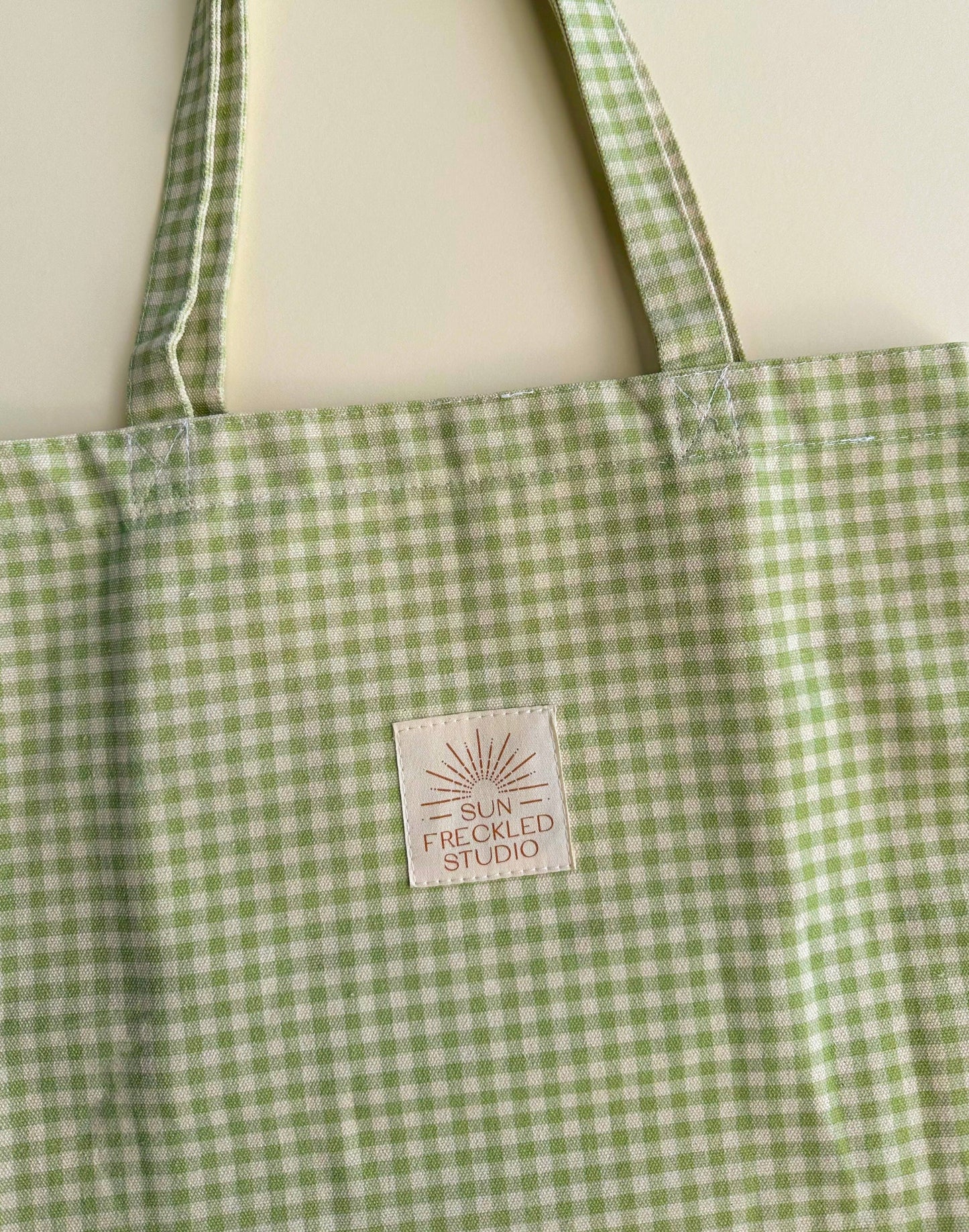 Sage Gingham Tote Bag: Wide
