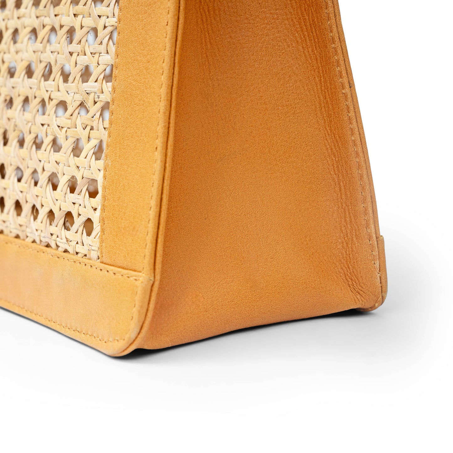 Genuine Leather and Rattan Top Handle Bag: Tan