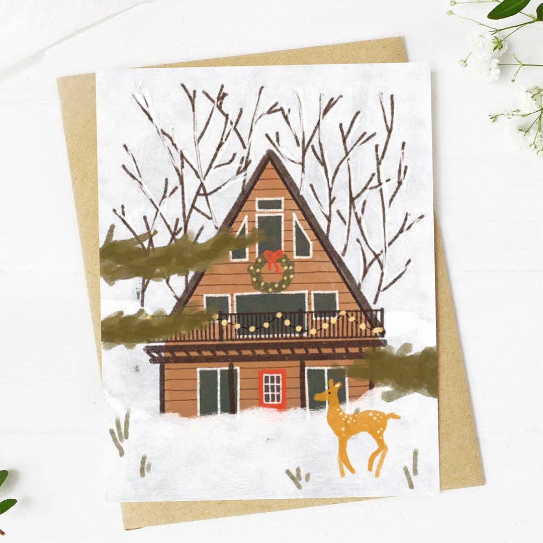 Cozy Winter Cabin Scene Christmas Card