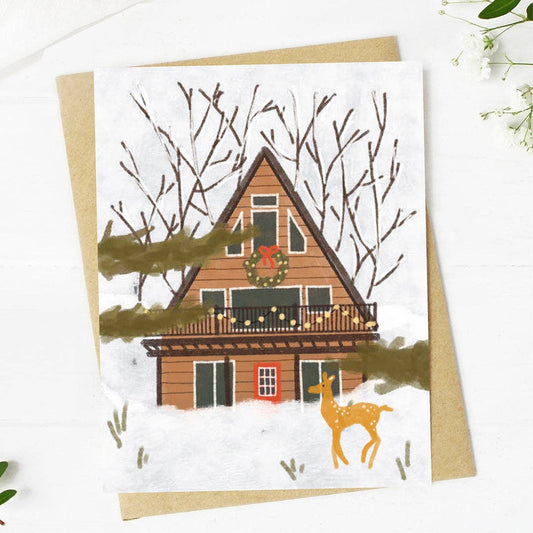 Cozy Winter Cabin Scene Christmas Card