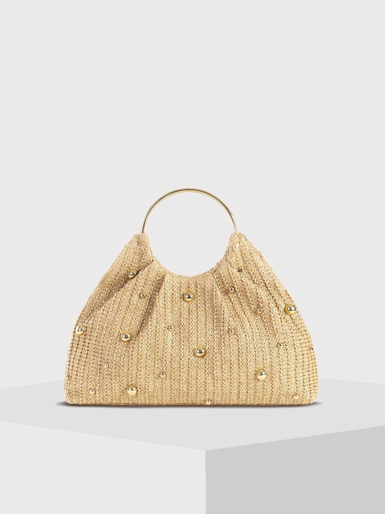 Malta Gold Pearl Straw Clutch Evening Bag: Apricot