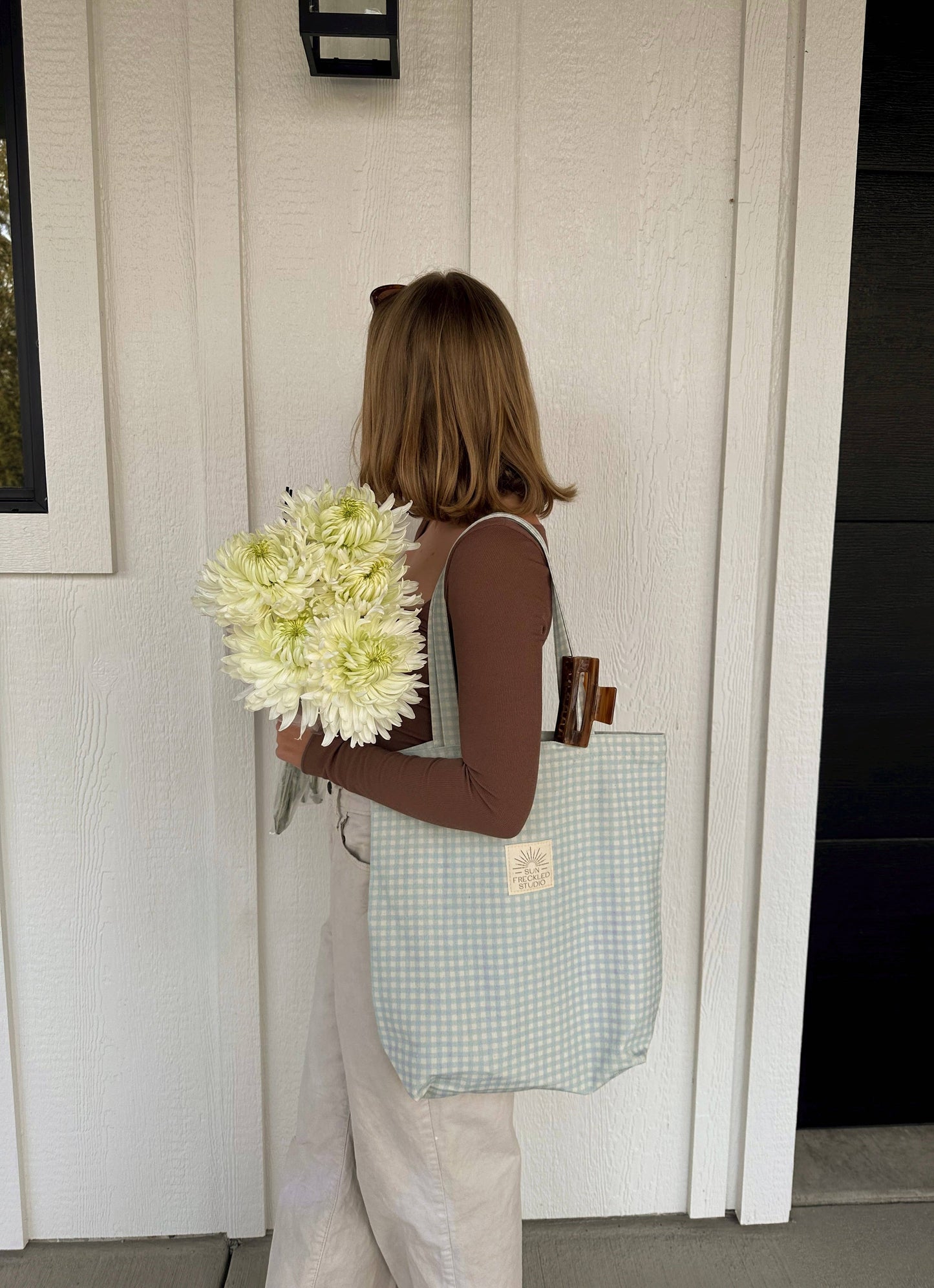 Blue Gingham Tote Bag: Wide