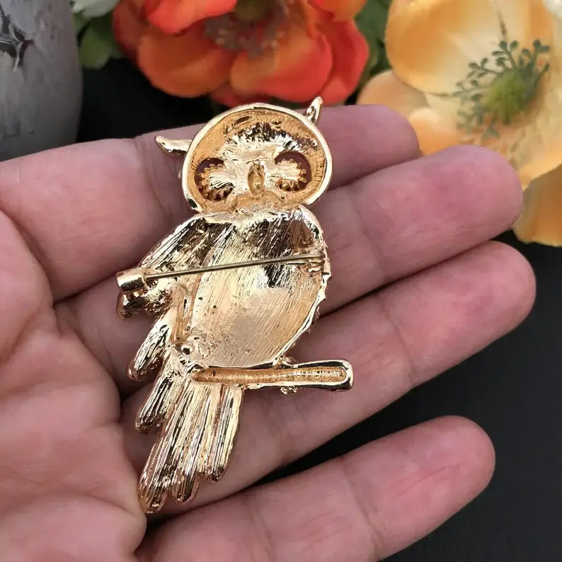 Radiant Vintage Owl Brooch with Rhinestones - 2.7 x 1.5 in