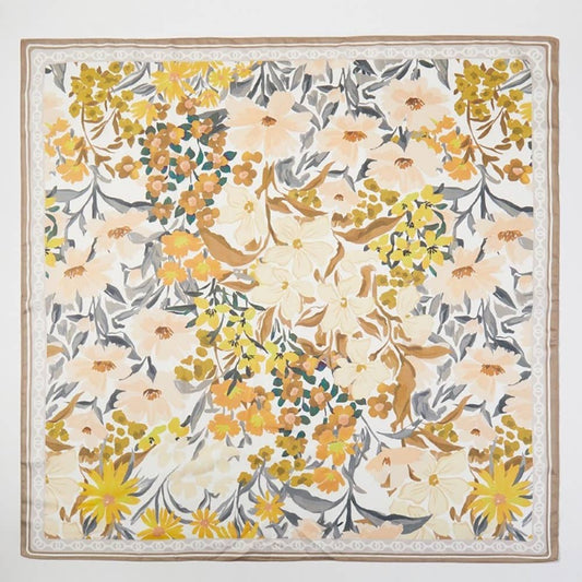 Colorful Flower Garden Print Square Bandana Scarf - Beige