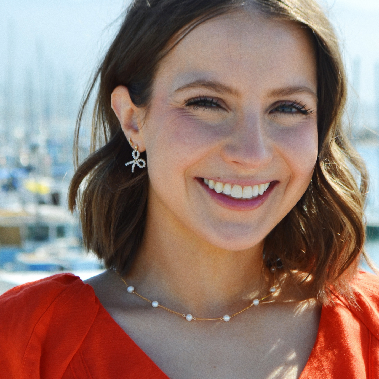 Beaded Bow Earrings - White Pearl