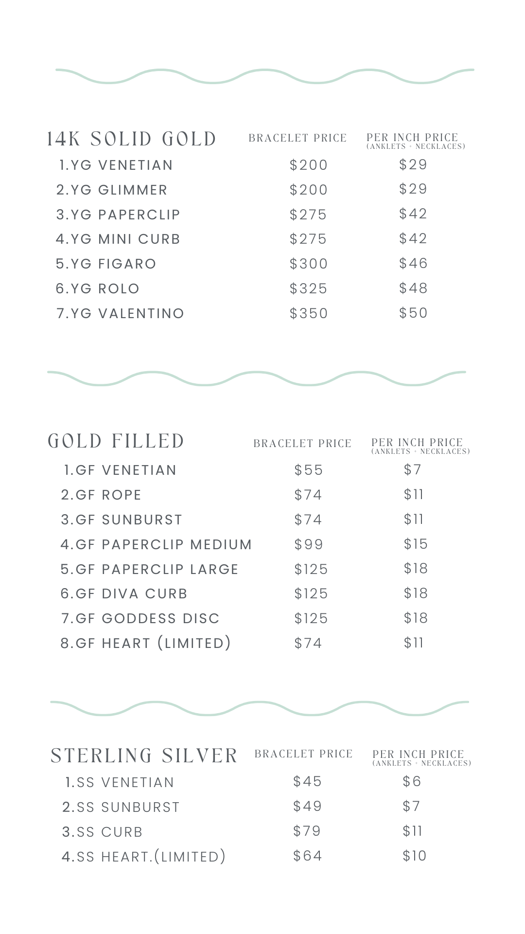 Price list for gold and silver bracelets with pricing details on a white background