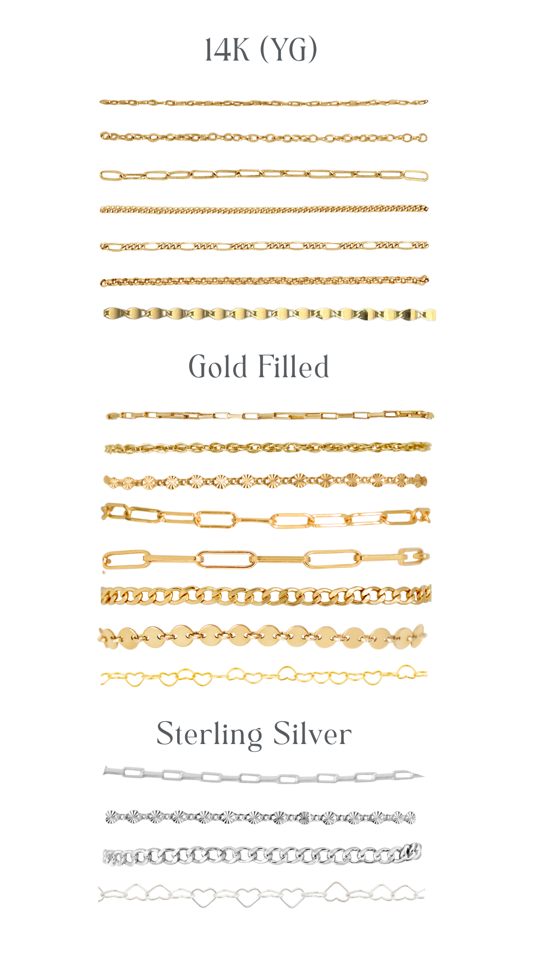 Collection of gold and silver chains on a white background
