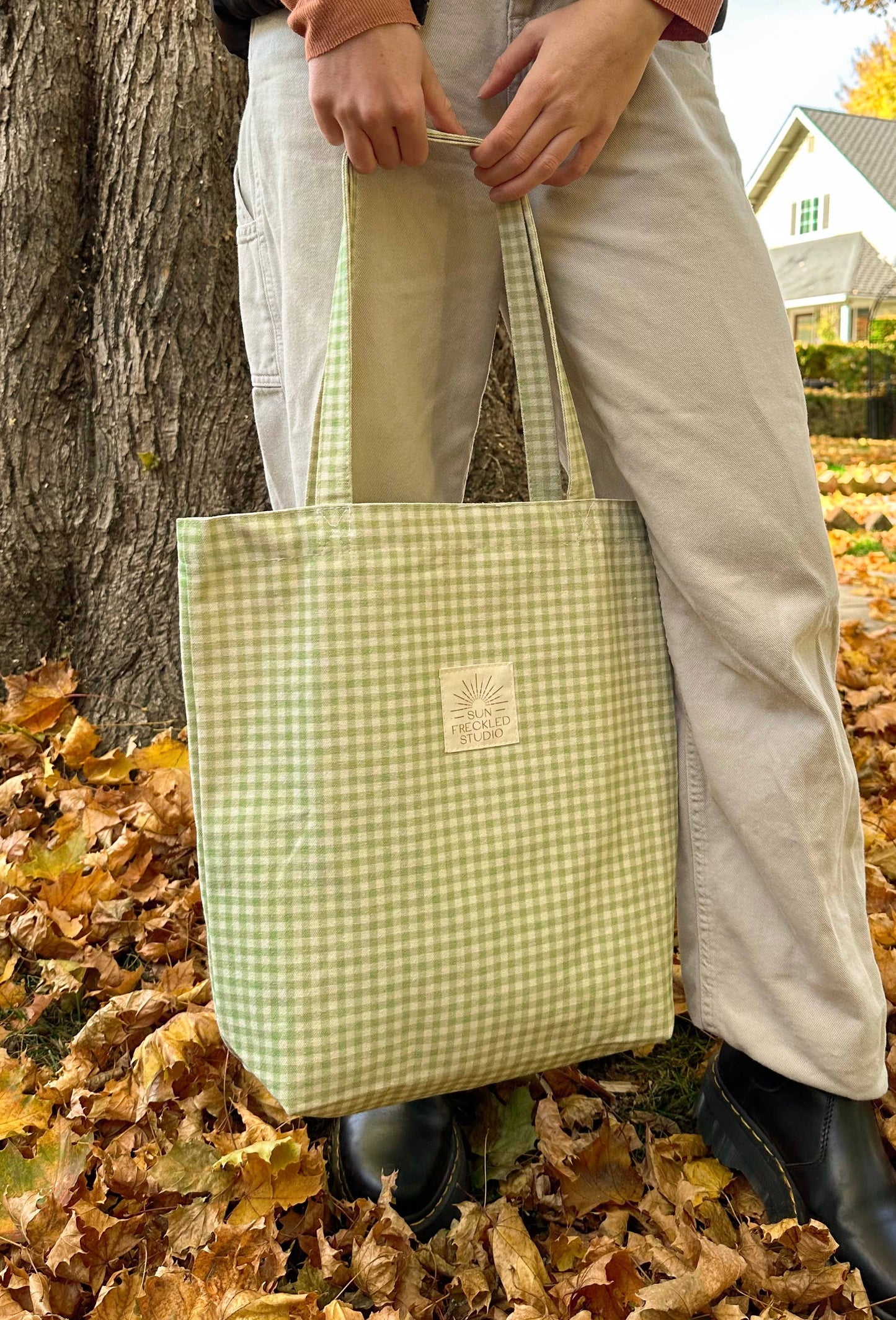 Sage Gingham Tote Bag: Wide