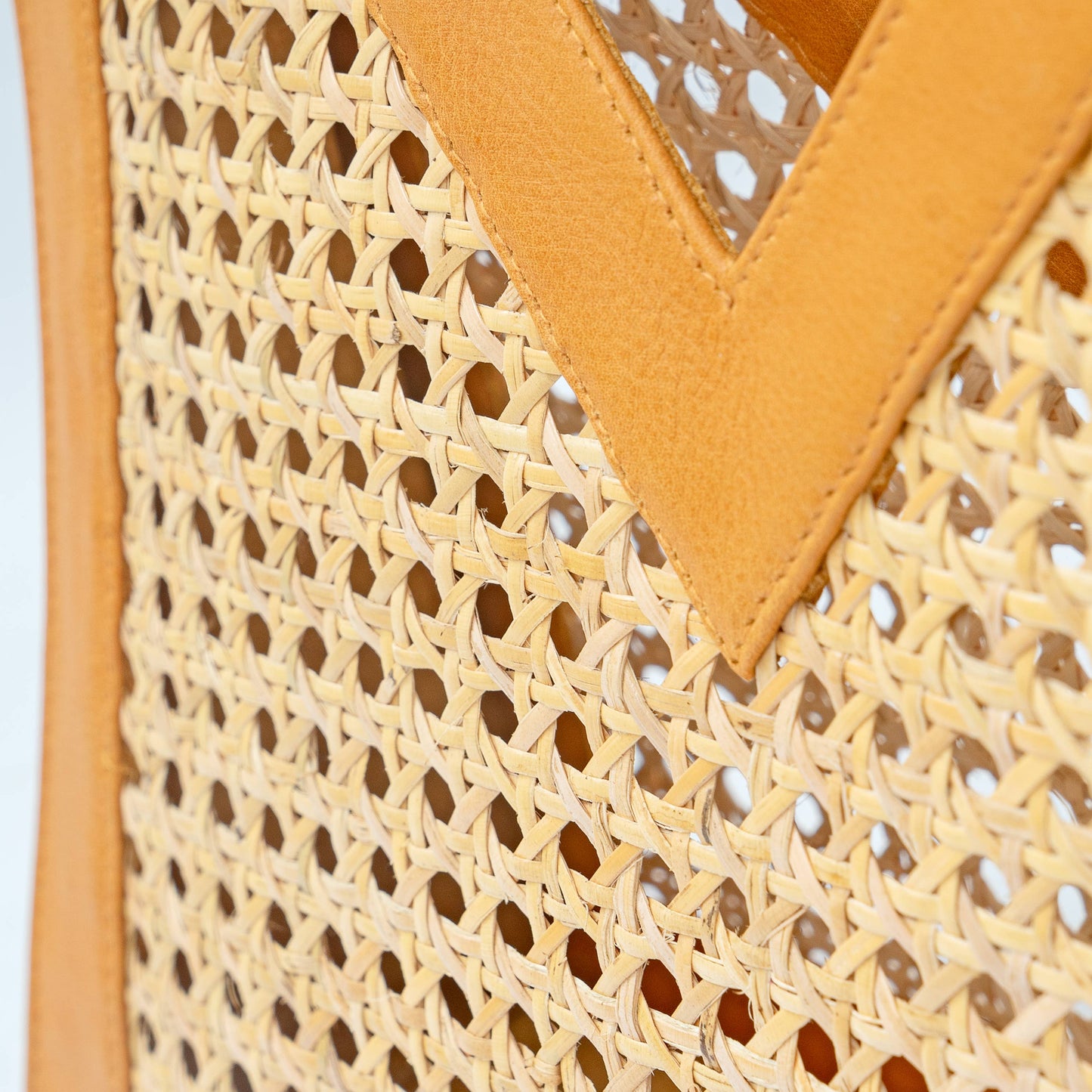 Genuine Leather and Rattan Top Handle Bag: Tan