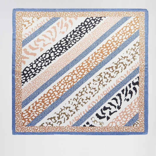 Striped Animal Print Square Bandana Scarf - Tan/Blue