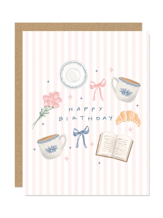 Whimsical Reading Coffee Happy Birthday Card