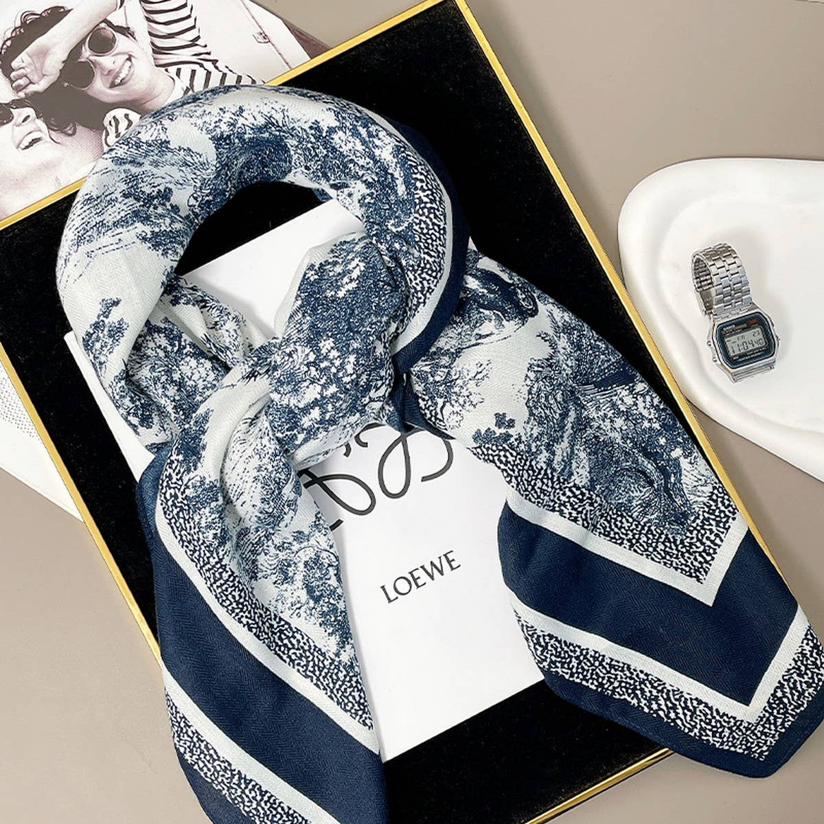 Ink Art Velvet Scarf - Blue