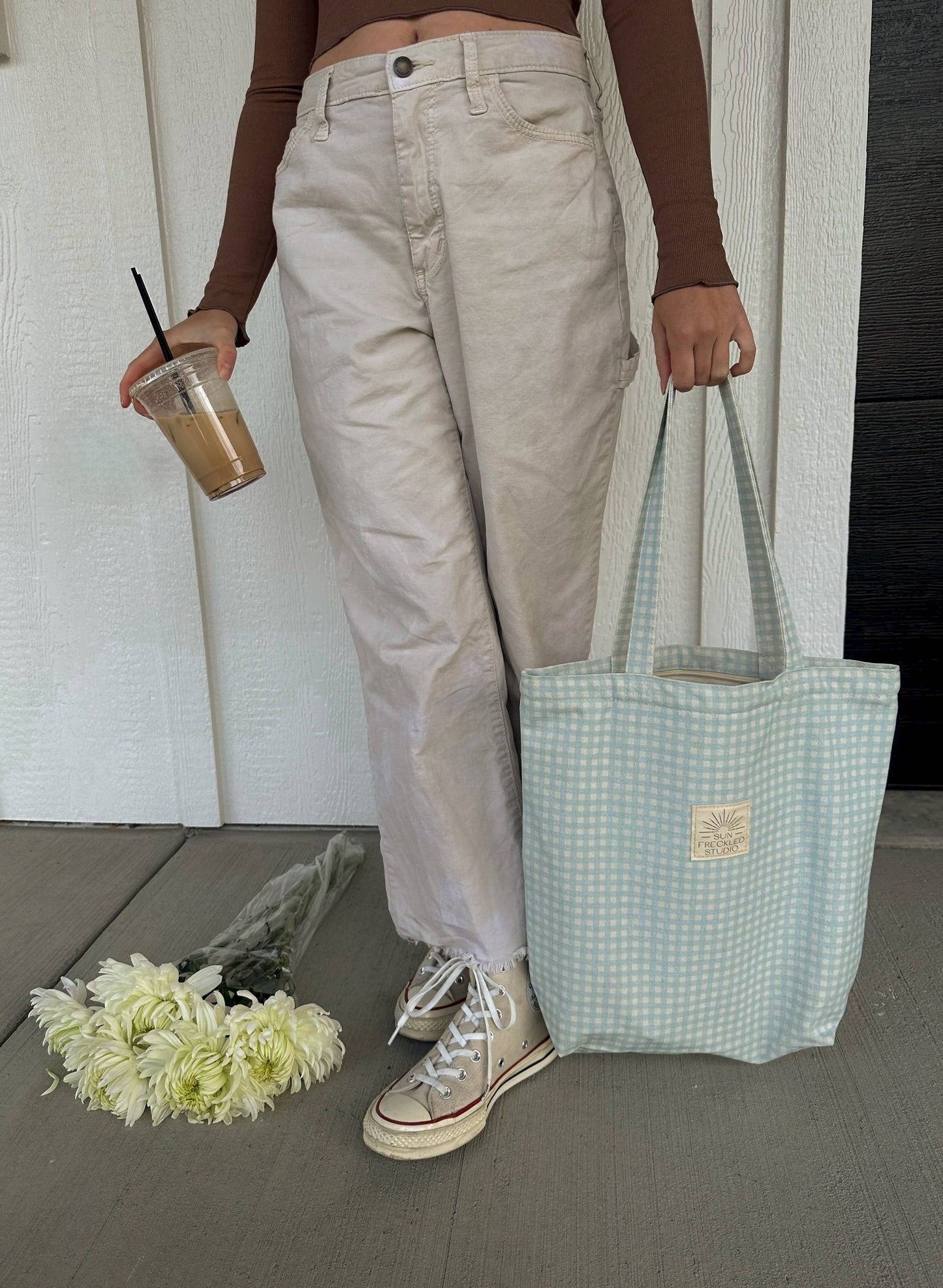 Blue Gingham Tote Bag: Wide