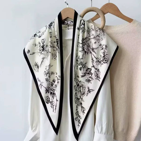 Silky Rose Print Shoulder Neck Handbag Scarf: Black / White