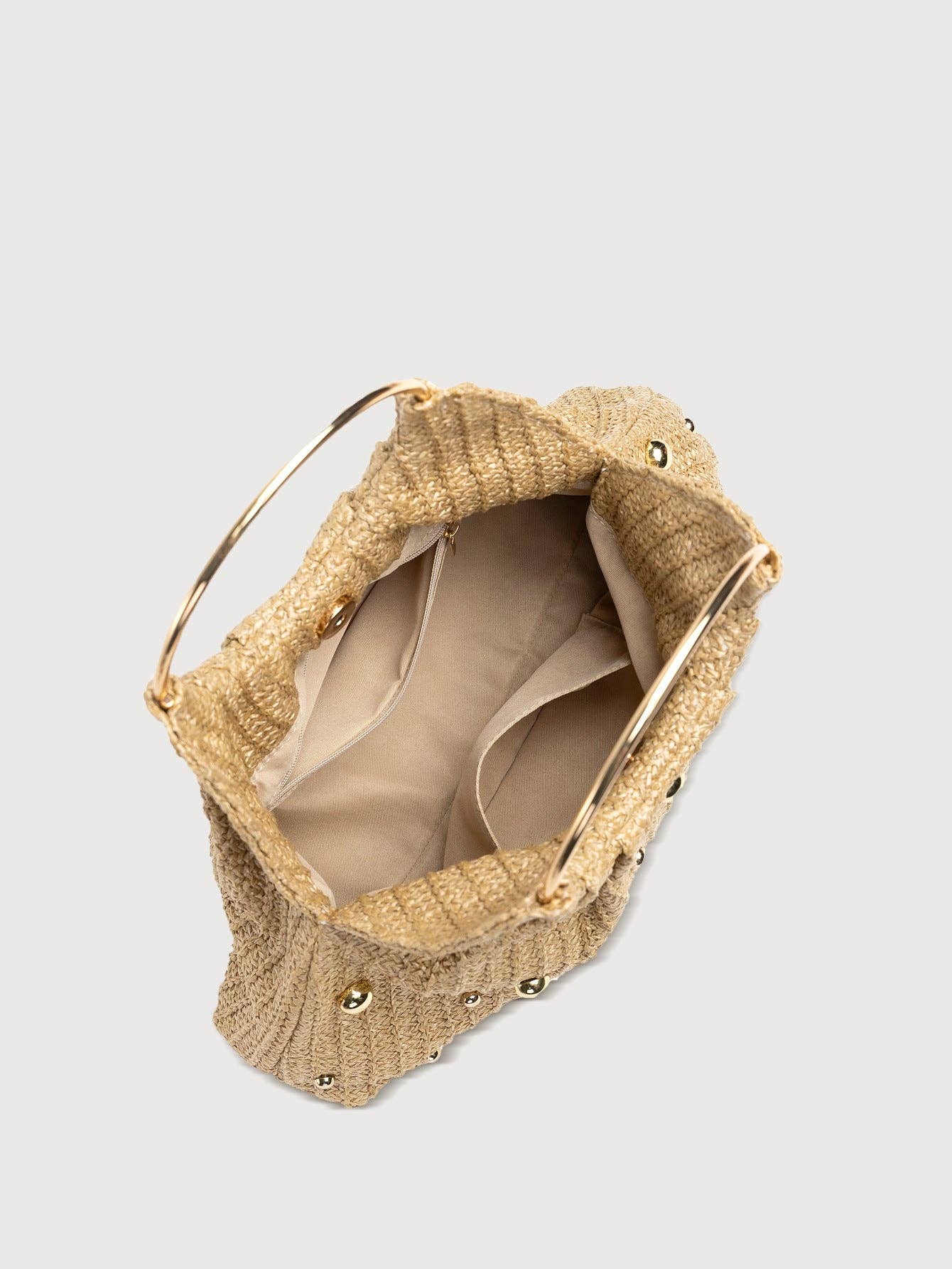Malta Gold Pearl Straw Clutch Evening Bag: Apricot