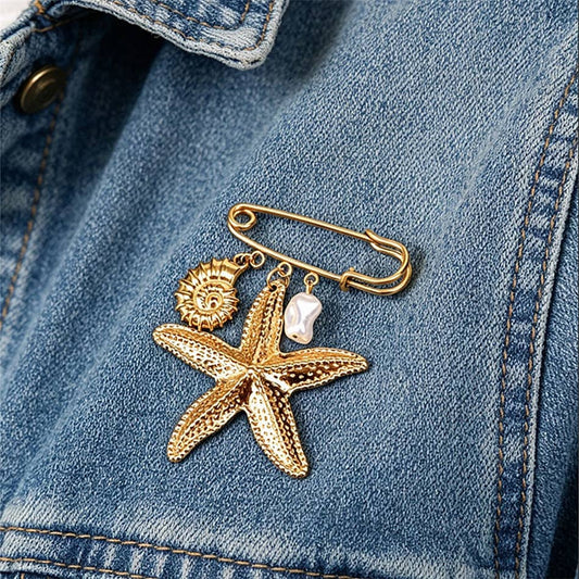 Stainless Steel Brooch Pin Starfish and Pearl Charms: Gold