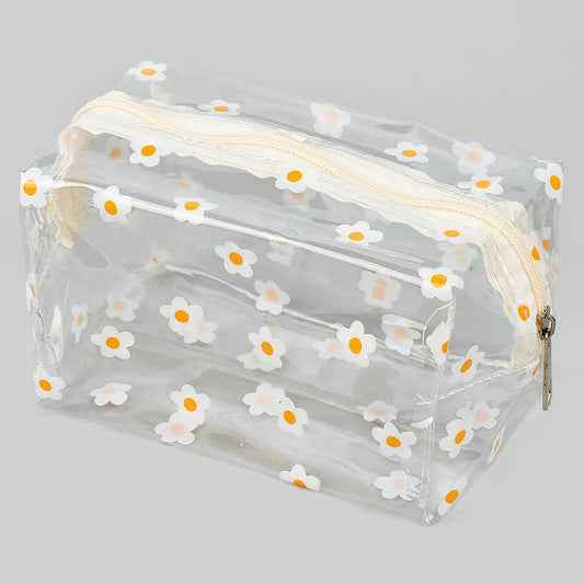 Clear Zip Makeup Essential Pouch with Daisy Print: Clear
