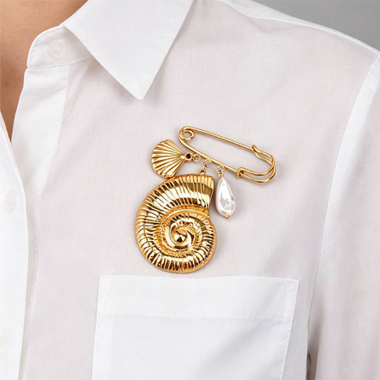 Stainless Steel Brooch Pin Shell and Pearl Charms: Gold