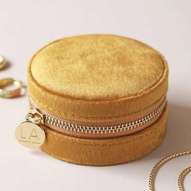 Mustard Round Velvet Jewelry Box with Floral Lining