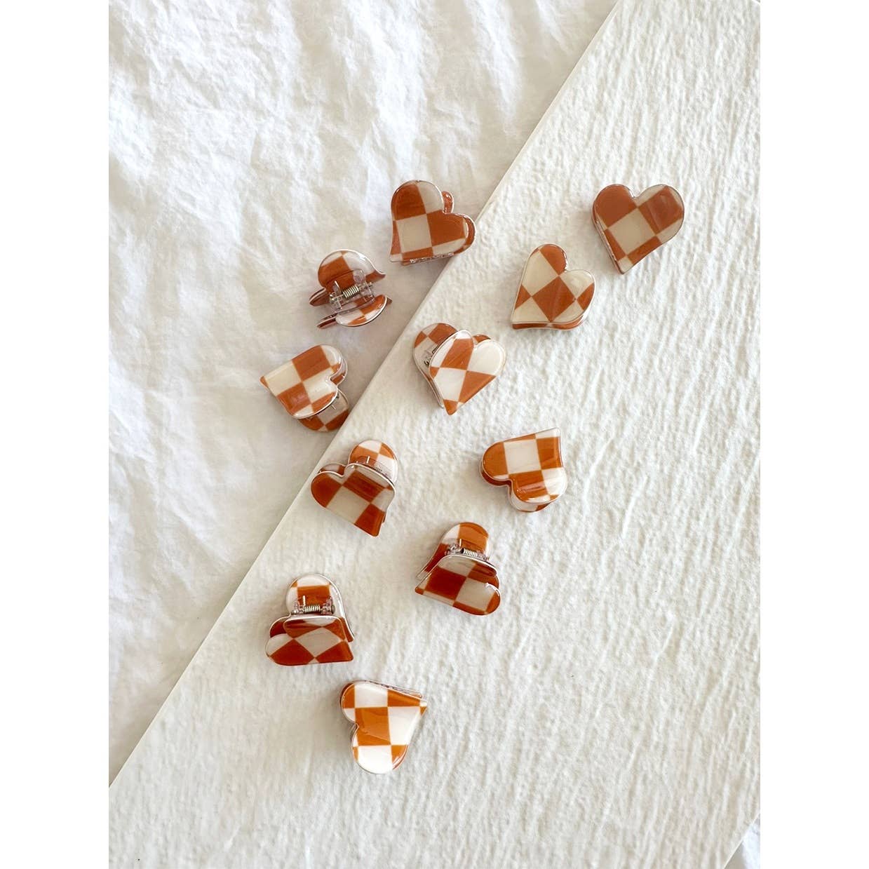 Mini Heart Clips - Caramel Checkered